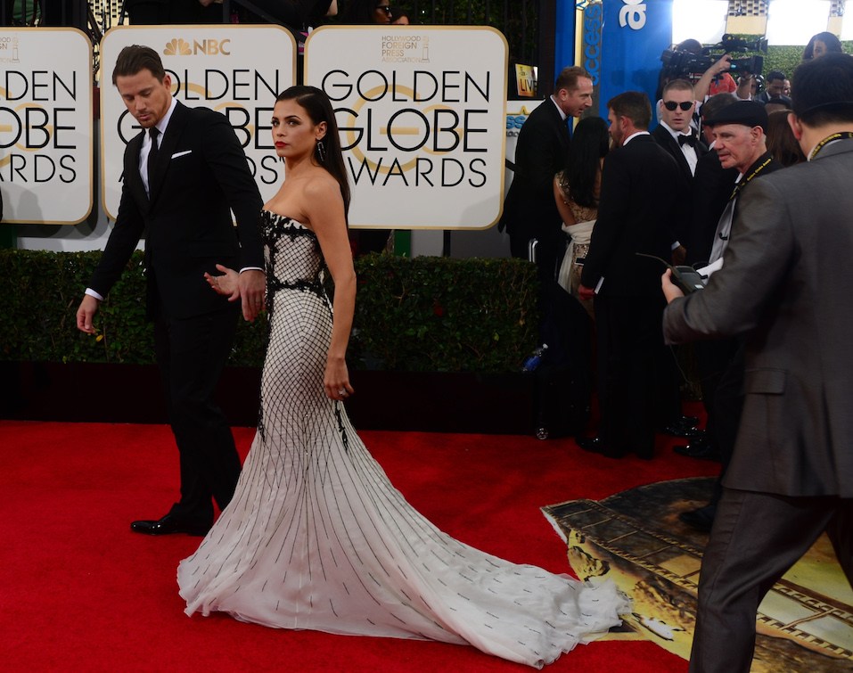 Actors Channing Tatum and Jenna Dewan arrive on the red carpet for the Golden Globe awards