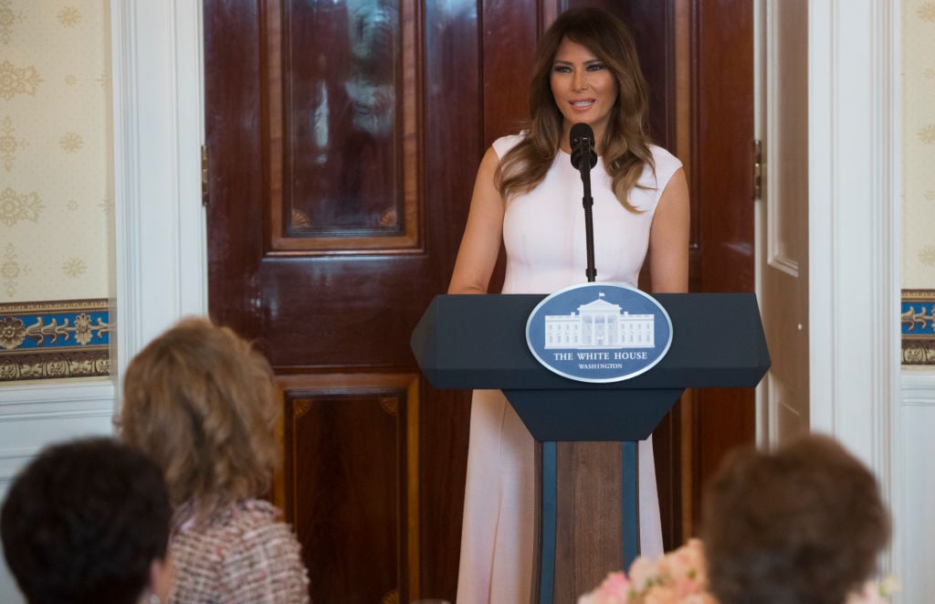 US First Lady Melania Trump speaks as she hosts a luncheon for the spouses of US governors