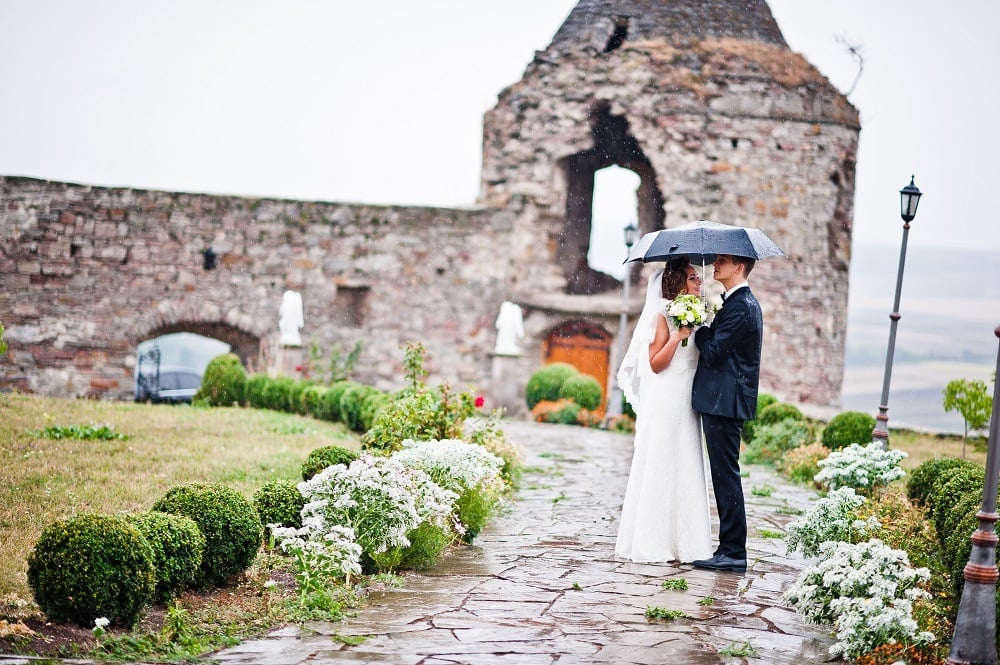 Wedding couple walking under rain