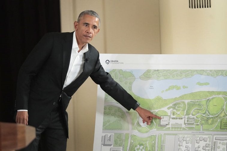 Former President Barack Obama points out features of the proposed Obama Presidential Center, which is scheduled to be built in nearby Jackson Park, during a gathering at the South Shore Cultural Center on May 3, 2017 in Chicago, Illinois. Former President Barack Obama points out features of the proposed Obama Presidential Center, which is scheduled to be built in nearby Jackson Park, during a gathering at the South Shore Cultural Center on May 3, 2017 in Chicago, Illinois.
