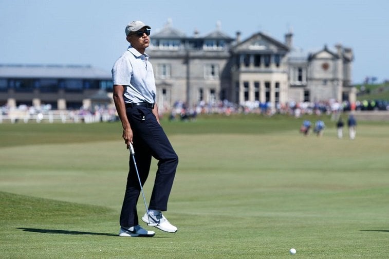 Former United States President Barack Obama plays a round of golf at the Old Course on May 26, 2017 in St Andrews, Scotland.