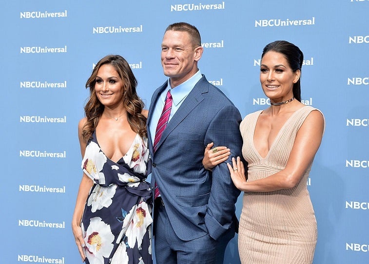 Nikki Bella, John Cena and Brie Bella attend the NBCUniversal 2016 Upfront Presentation on May 16, 2016 in New York, New York.