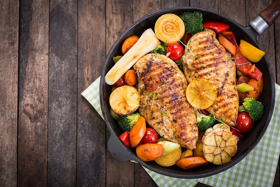 Grilled chicken breast and vegetables in a pan Grilled chicken breast and vegetables in a pan