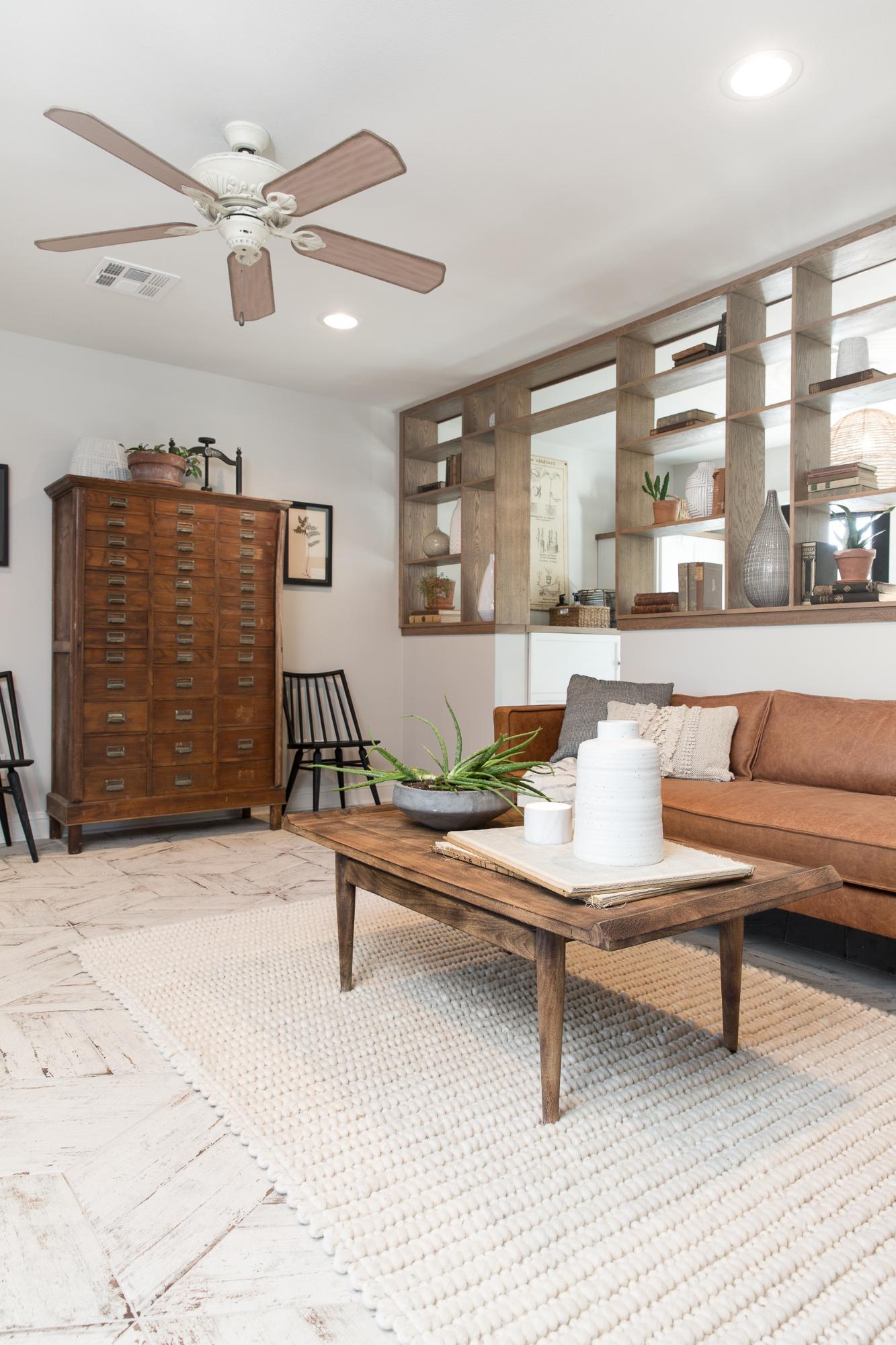 storage chest and bookshelves