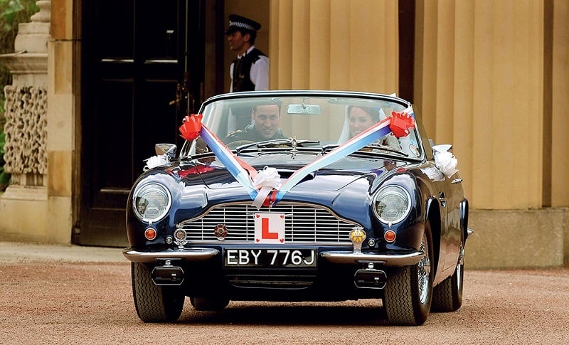 William and Kate in a blue Aston Martin at their wedding