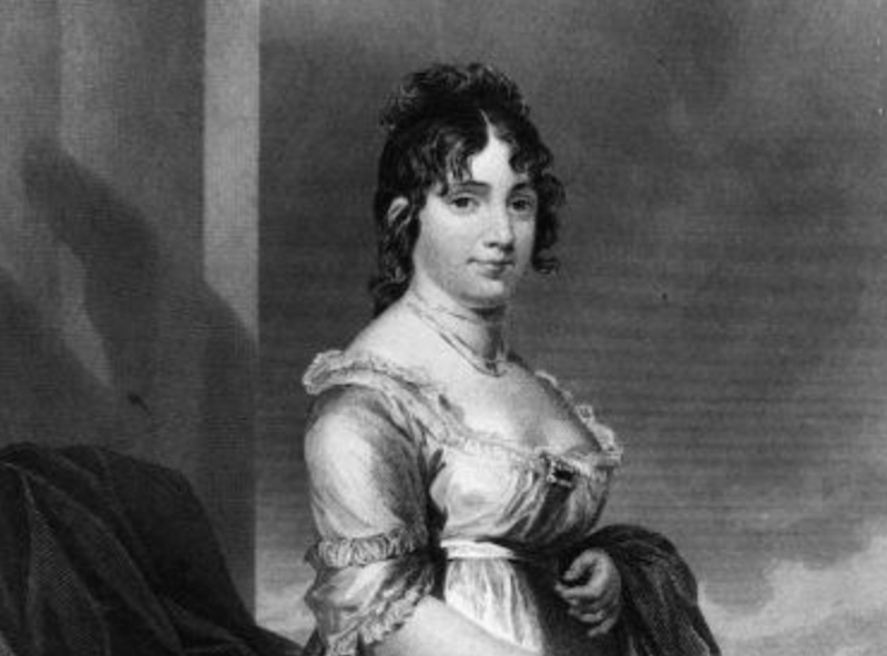 Dolley Madison in a black and white portrait. Dolley Madison in a black and white portrait.