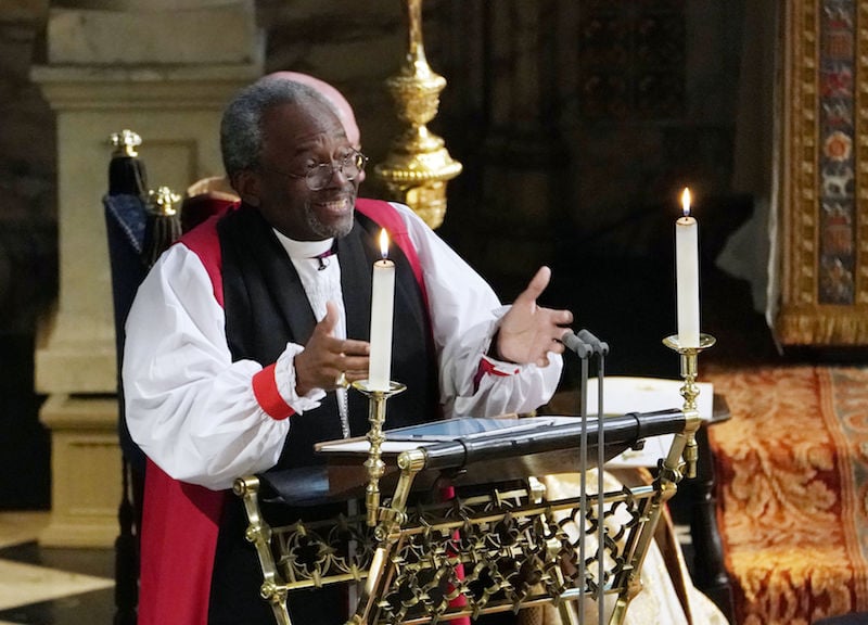 Bishop Michael Bruce Curry gives a reading during the wedding ceremony of Britain's Prince Harry, Duke of Sussex and US actress Meghan Markle in St George's Chapel, Windsor Castle, in Windsor, on May 19, 2018. (Photo by Owen Humphreys / POOL / AFP) (Photo credit should read OWEN HUMPHREYS/AFP/Getty Images) Bishop Michael Bruce Curry gives a reading during the wedding ceremony of Britain's Prince Harry, Duke of Sussex and US actress Meghan Markle in St George's Chapel, Windsor Castle, in Windsor, on May 19, 2018. (Photo by Owen Humphreys / POOL / AFP) (Photo credit should read OWEN HUMPHREYS/AFP/Getty Images)