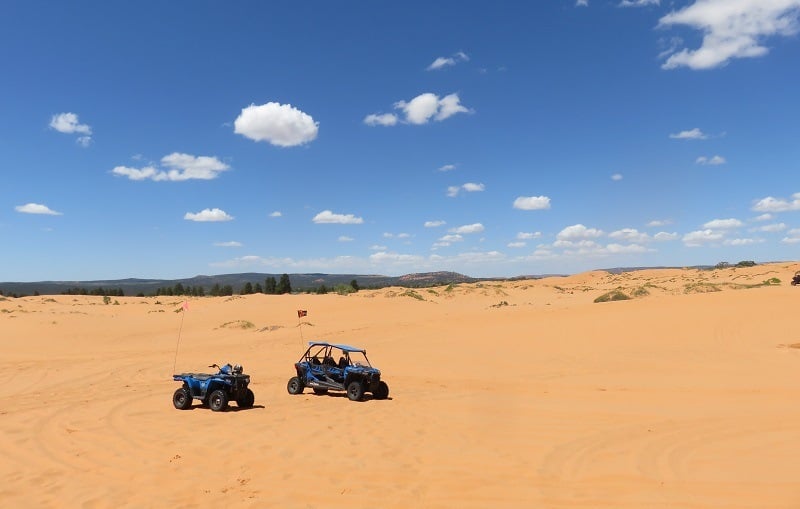 Shot of Polaris RZRs on Utah's Coral Pink Sand Dunes