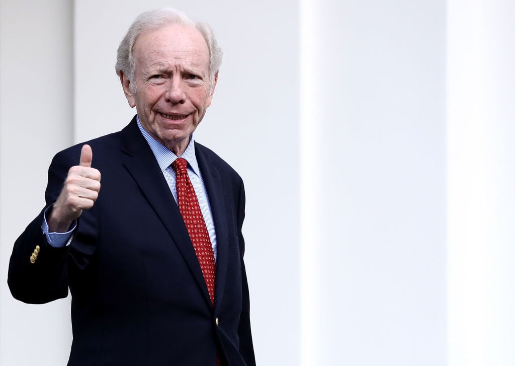 Former U.S. Sen. Joseph Lieberman departs the White House after meeting