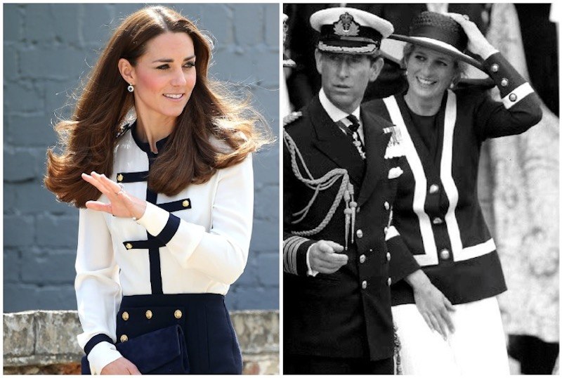 Princess Diana and Kate Middleton wearing military-inspired outfits. 