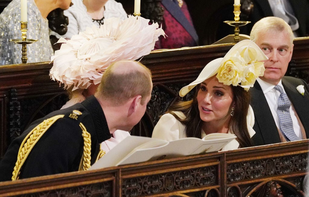 Prince William, Duke of Cambridge, Camilla, Duchess of Cornwall, Catherine, Duchess of Cambridge and Prince Andrew, Duke of York attend the wedding of Prince Harry to Meghan Markle