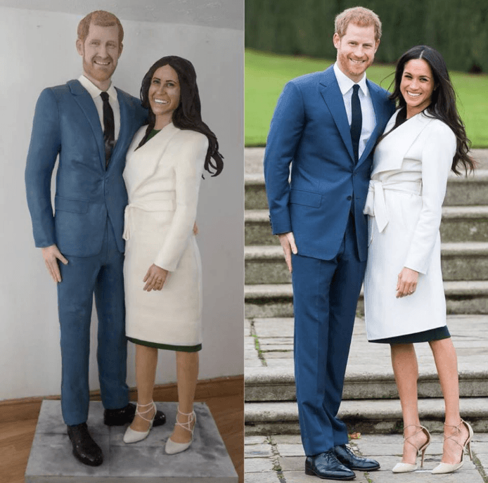 Life-size Prince Harry and Meghan Markle Cake next to their famous portrait Life-size Prince Harry and Meghan Markle Cake next to their famous portrait
