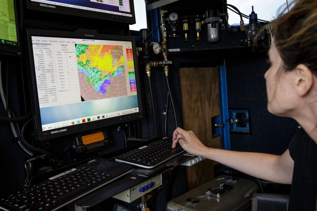 Research meteorologist Karen Kosiba monitors a supercell thunderstorm
