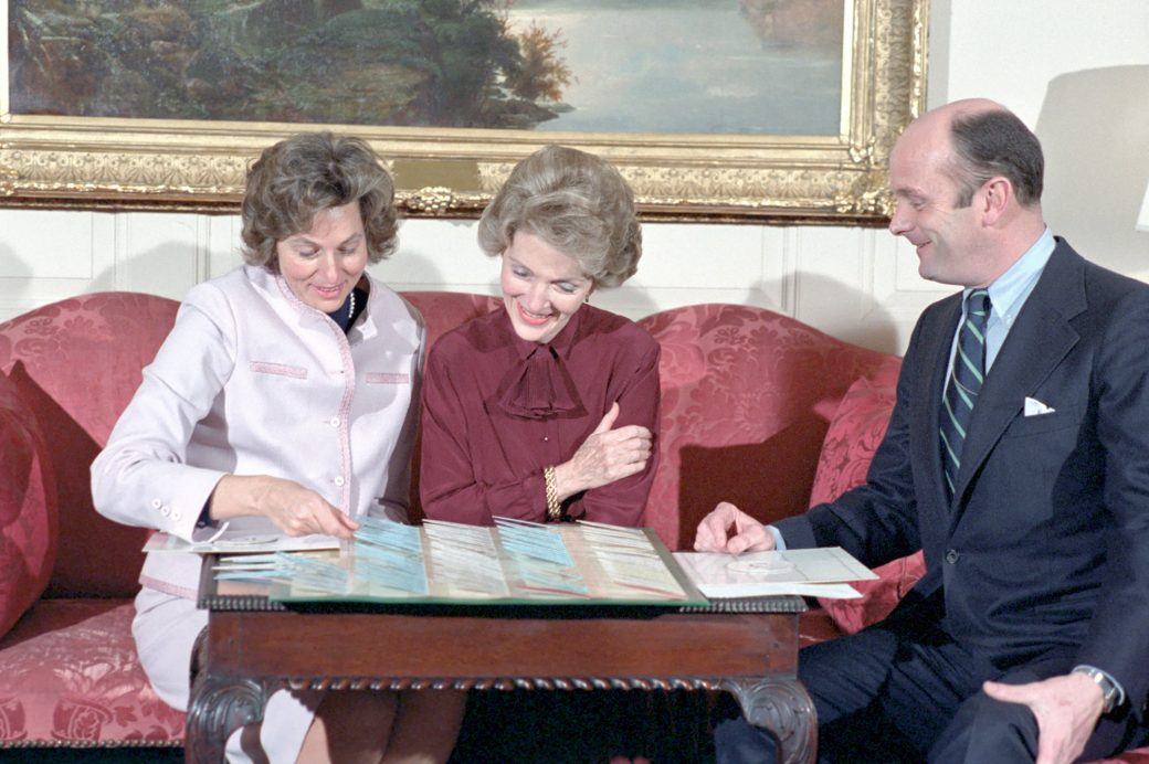 Nancy Reagan reviews plans for a state dinner