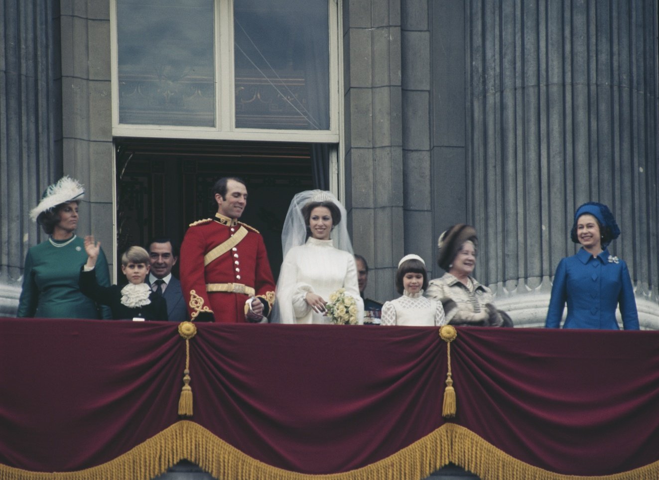Anne, the Princess Royal and Mark Phillips pose on the balcony of Buckingham Palace