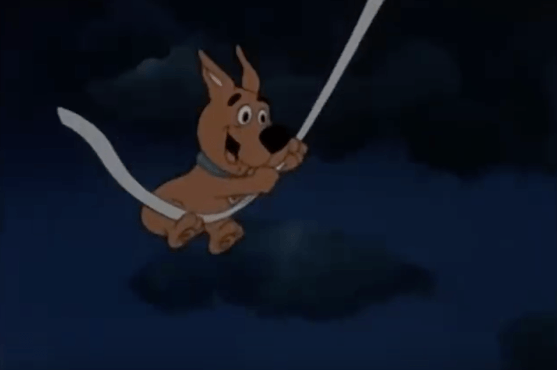 Scrappy-Doo swinging from a rope. 