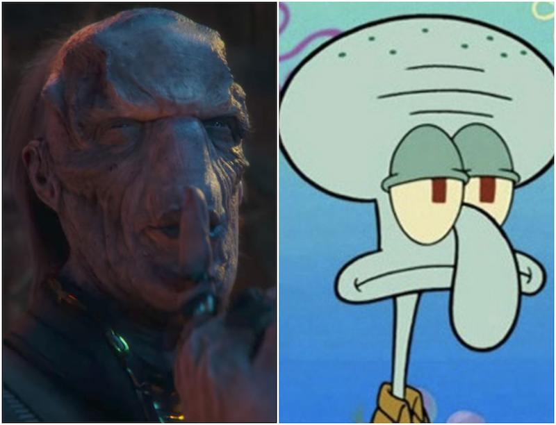 Collage featuring Ebony Maw and Squidward. 