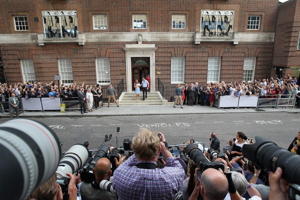 Prince William, Duke of Cambridge and Catherine, Duchess of Cambridge, depart The Lindo Wing with their newborn son at St Mary's Hospital