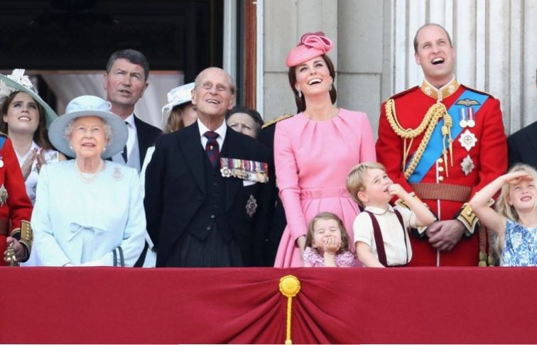 Camilla, Duchess of Cornwall, Prince Charles, Prince of Wales, Queen Elizabeth II, Prince Philip, Duke of Edinburgh, Catherine, Duchess of Cambridge, Princess Charlotte of Cambridge, Prince George of Cambridge and Prince William, Duke of Cambridge look out from the balcony of Buckingham Palace