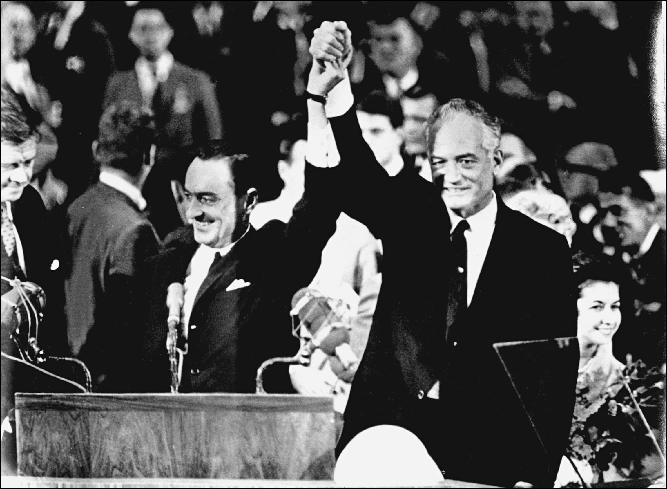 Barry Goldwater (R) and his running mate William Miller accepting the Republican Party nomination