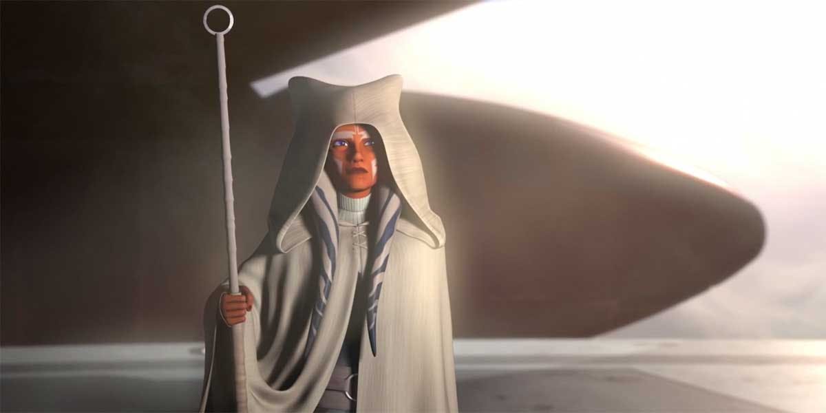 Ahsoka Tano holds a long white stick in the Rebels finale Ahsoka Tano holds a long white stick in the Rebels finale
