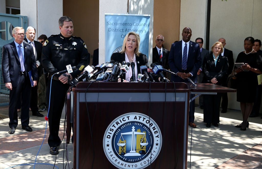 Sacramento district attorney Anne Marie Schubert (C) announces the arrest of accused rapist and killer Joseph James DeAngelo during a news conference on April 25, 2018 in Sacramento, California.