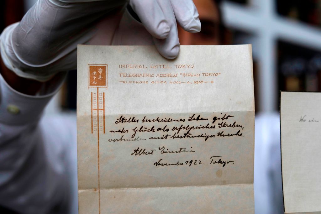 one of two notes written by Albert Einstein, in 1922, on hotel stationary from the Imperial Hotel in Tokyo Japan.