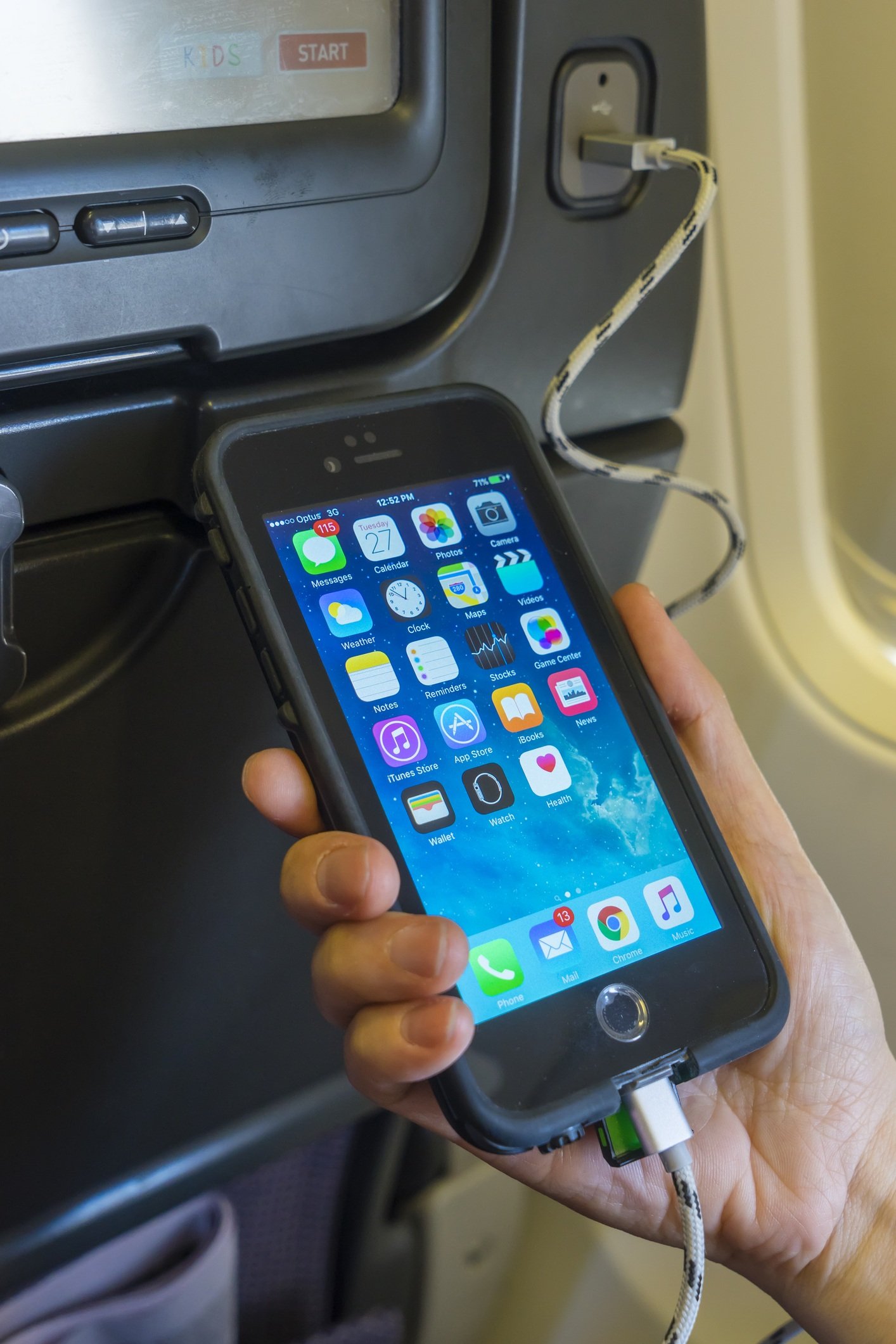 Charging mobile phone onboard an aircraft plane