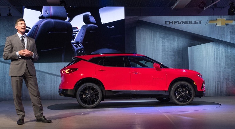 Chevrolet Blazer Exterior Design Director Mike Pevovar introduces the 2019 Chevrolet Blazer Thursday, June 21, 2018 during a special event in Atlanta, Georgia. Slotting between the Equinox and Traverse, the 2019 Blazer features five-passenger seating and model ranges that include sporty RS (pictured here) and up-level Premier models. The Chevrolet Blazer will arrive at U.S. dealerships in early 2019.