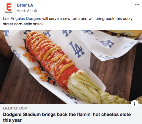 Eater LA Facebook post about the Cheeto-Elote Eater LA Facebook post about the Cheeto-Elote