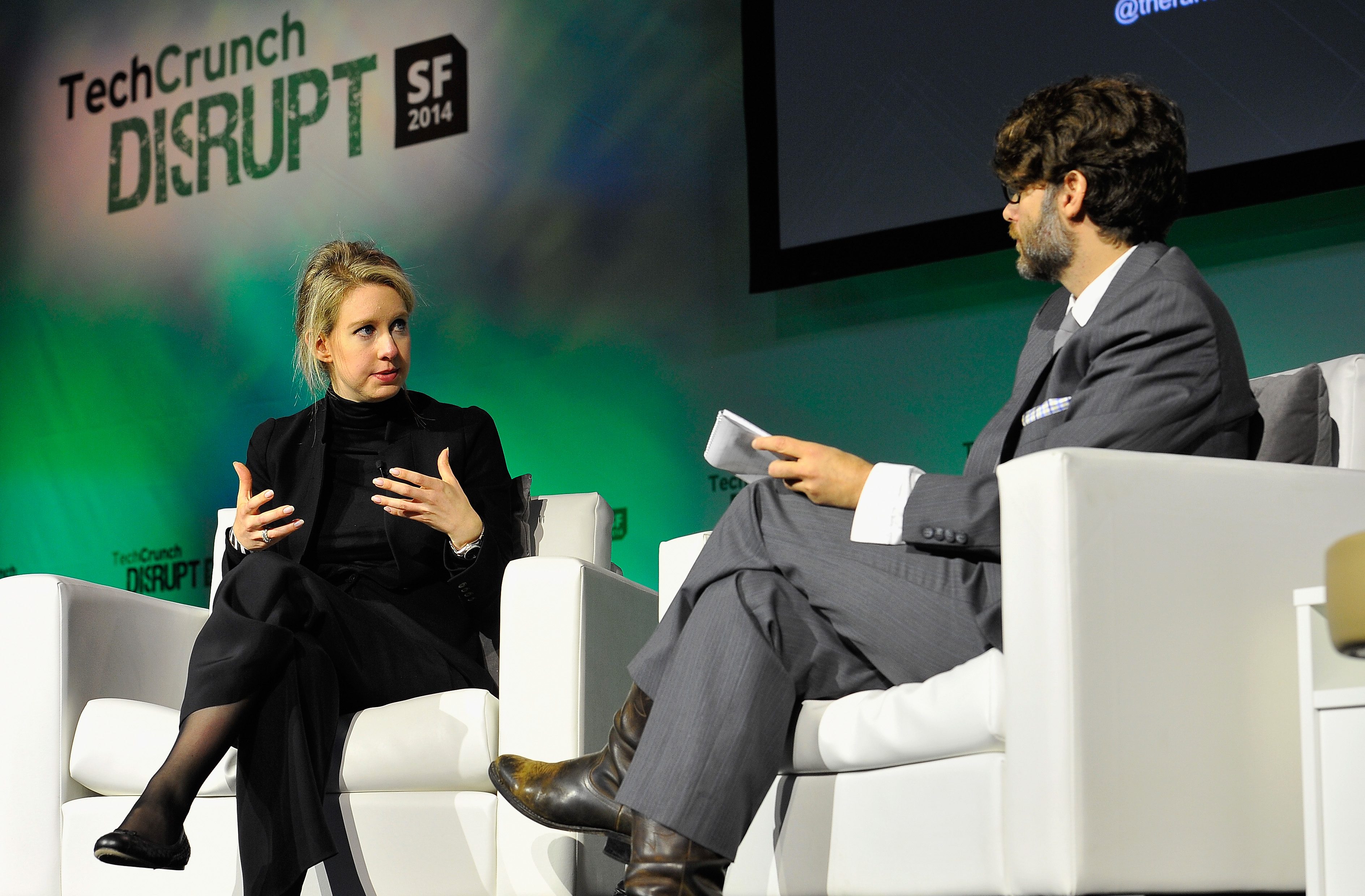 Theranos Chairman, CEO and Founder Elizabeth Holmes (L) and TechCrunch Writer and Moderator Jonathan Shieber