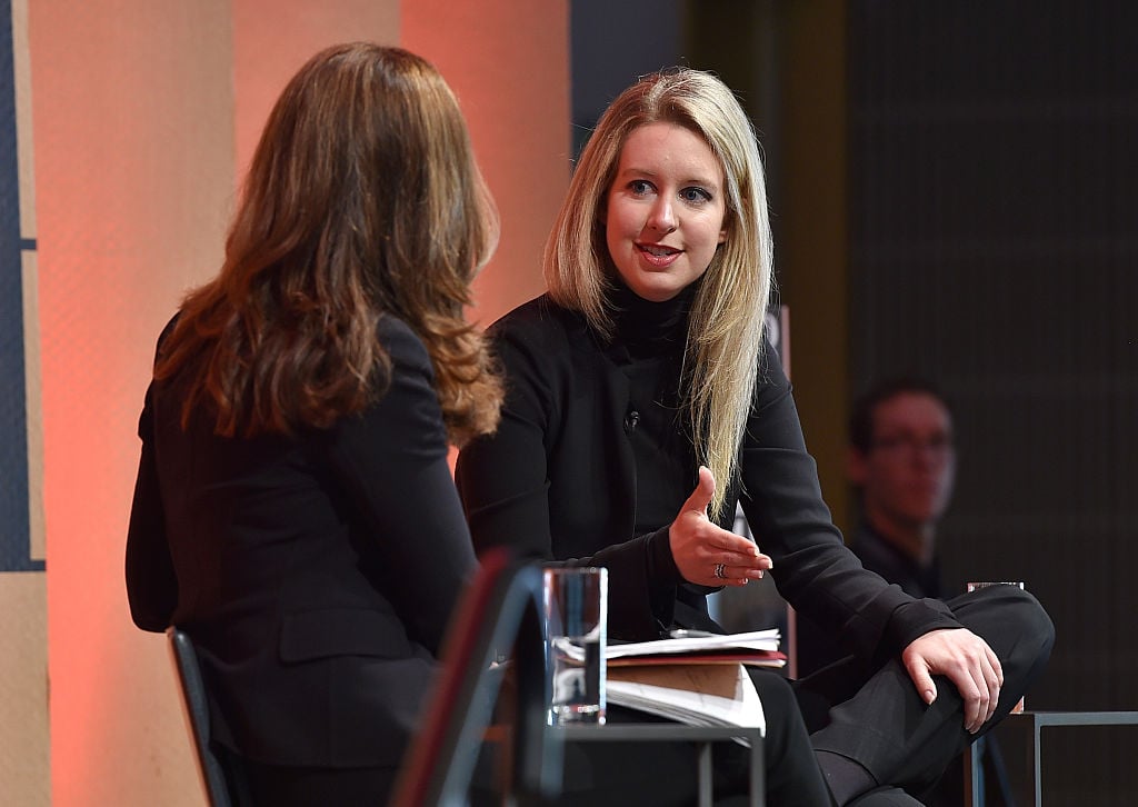 Elizabeth Holmes speaks onstage at the Vanity Fair New Establishment Summit