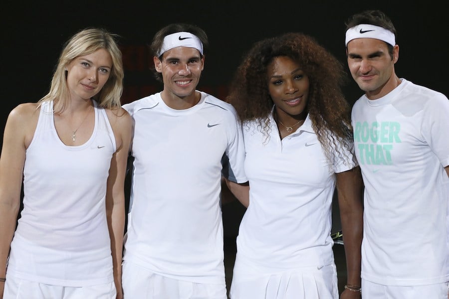Spanish Rafael Nadal (2ndL), Swiss Roger Federer (R), Russian Maria Sharapova (L) and US Serena Williams