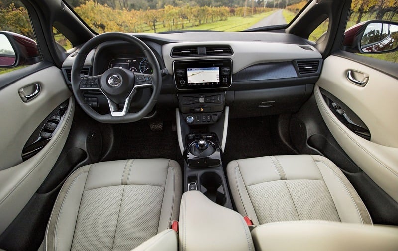 2018 Nissan Leaf front seats and control panel from back seat