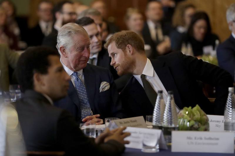 Prince Harry leaning towards Prince Charles. 