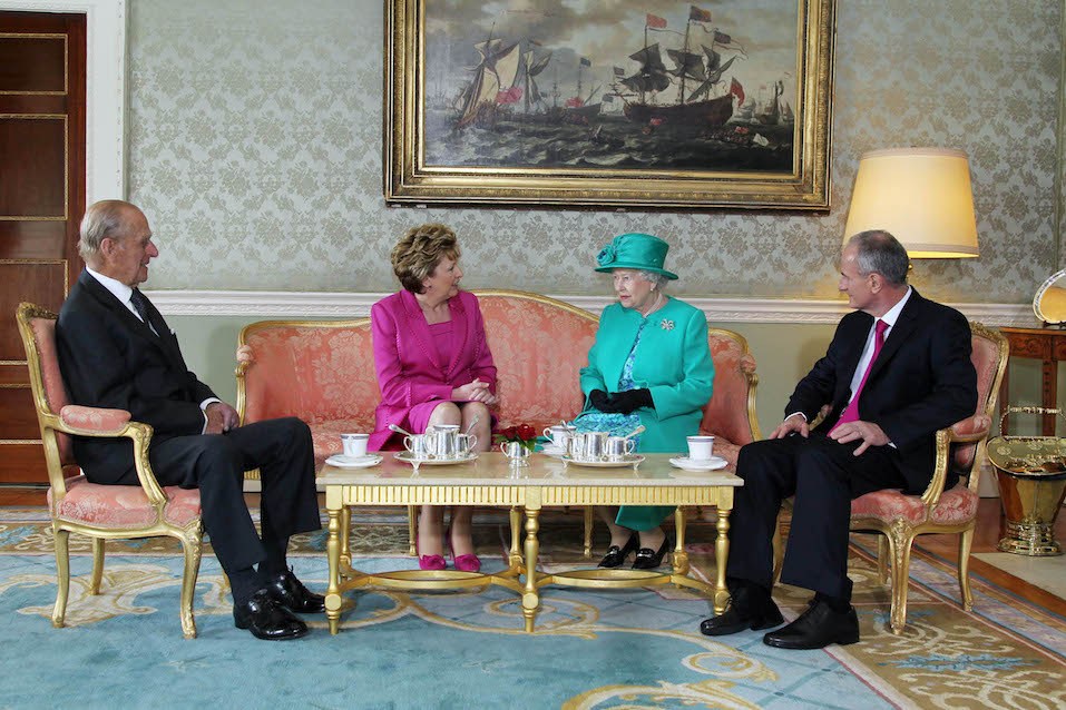 Prince Philip The Duke of Edinburgh, President Mary McAleese, Queen Elizabeth II, and Dr. Martin McAleese talk over a cup of tea Prince Philip The Duke of Edinburgh, President Mary McAleese, Queen Elizabeth II, and Dr. Martin McAleese talk over a cup of tea