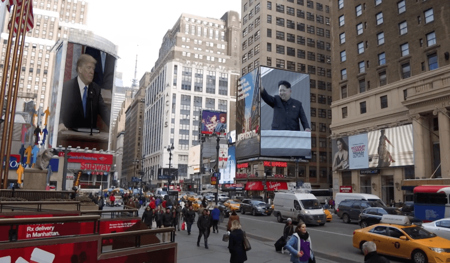 Images of Donald Trump and Kim Jong Un in Times Square
