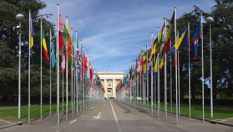 Flags fly at the entrance to the U.N. in Geneva, Switzerland.