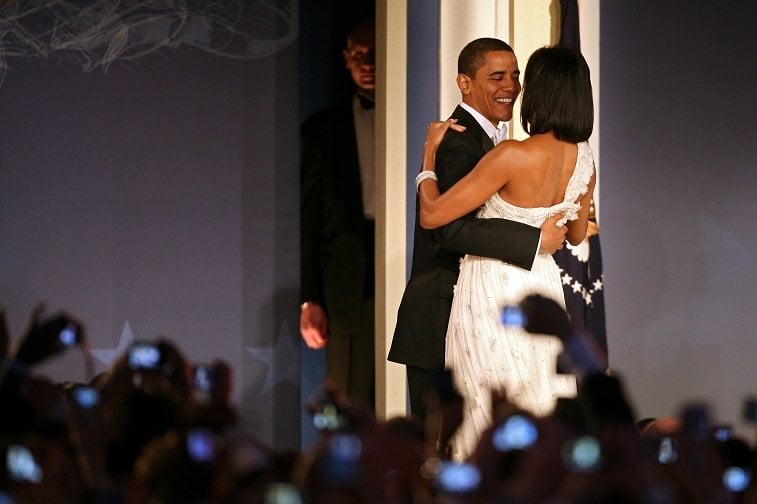 U.S President Barack Obama and his wife First Lady Michelle Obama dance on stage during MTV & ServiceNation: Live From The Youth Inaugural Ball at the Hilton Washington on January 20, 2009 in Washington, DC. 