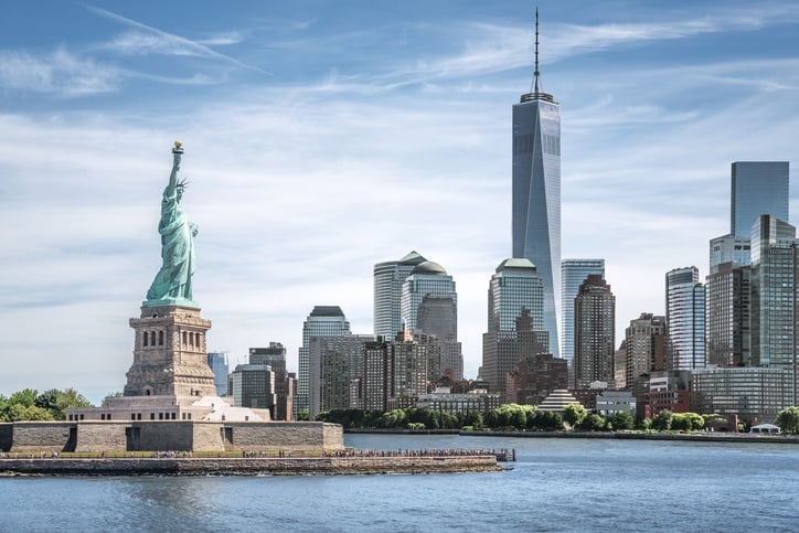 The Statue of Liberty and One World Trade Center in New York City