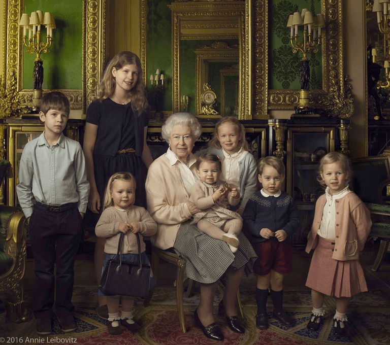 Queen Elizabeth and her grandchildren and great-grandchildren