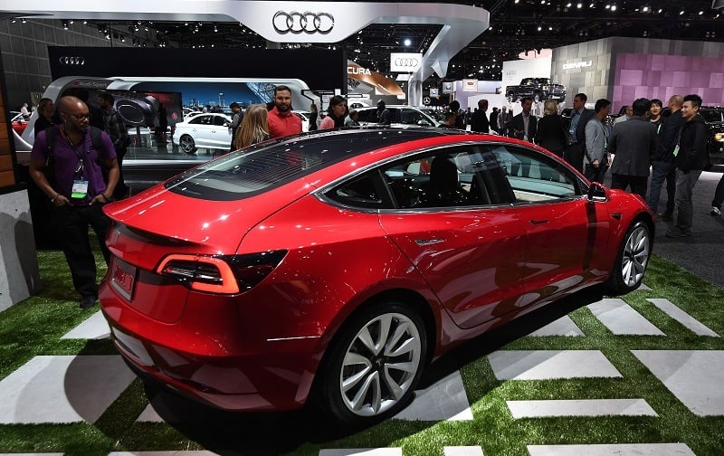 Exterior of the new Tesla Model 3, at the 2017 LA Auto Show in Los Angeles, California on November 29, 2017.