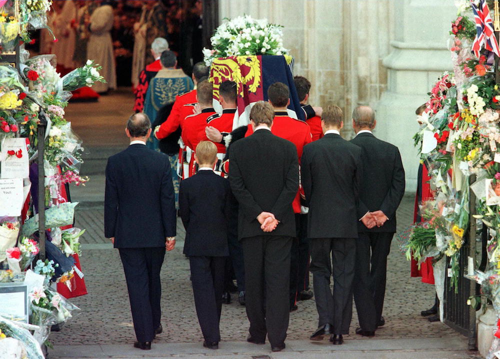 Prince Charles, Prince Harry, Earl Spencer, Prince William and the Duke of Edinburgh follow Princess Diana's coffin into Westminster Abbey