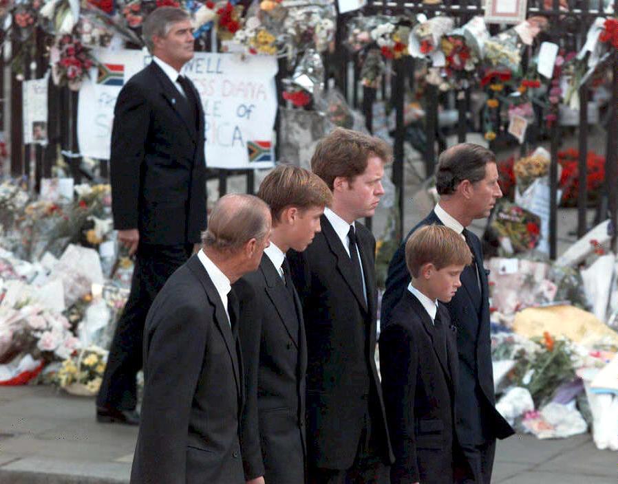 Prince Philip, Prince William, Earl Spencer, Prince Harry, and Prince Charles arrive for Princess Diana's funeral
