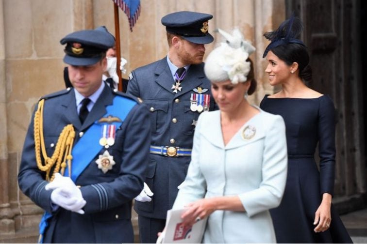 Prince William, Kate Middleton, Prince Harry, and Meghan Markle leave a service to mark the centenary of the Royal Air Force