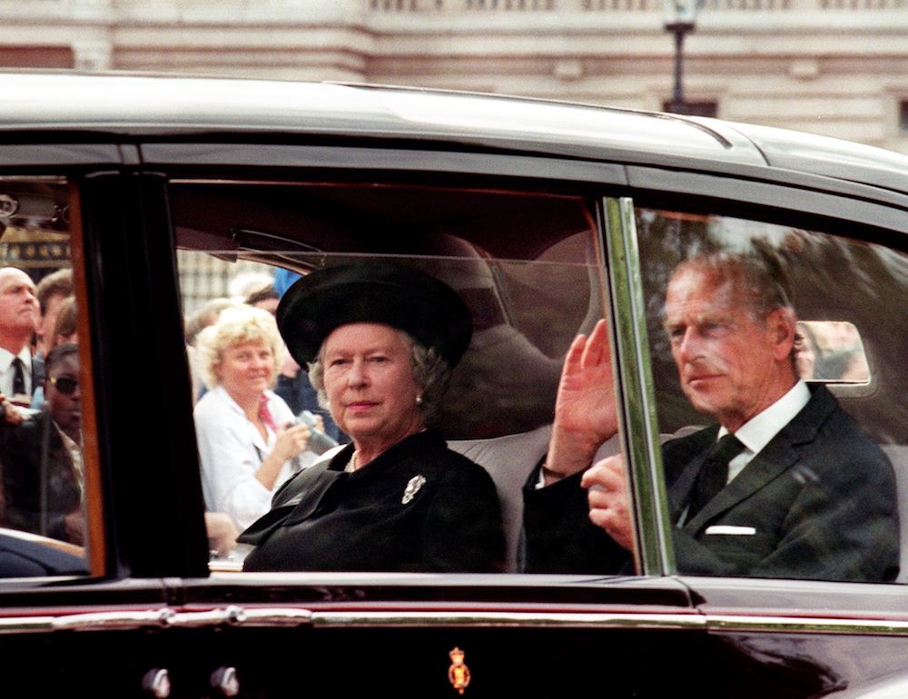 Queen Elizabeth II and Prince Philip arrive at Buckingham Palace the day before Princess Diana's funeral