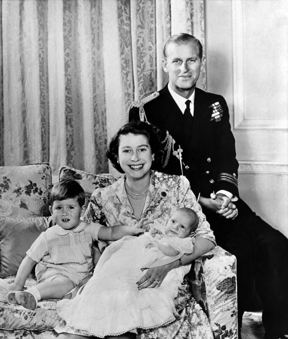 Queen Elizabeth II poses with Prince Philip, Prince Charles, and Princess Anne