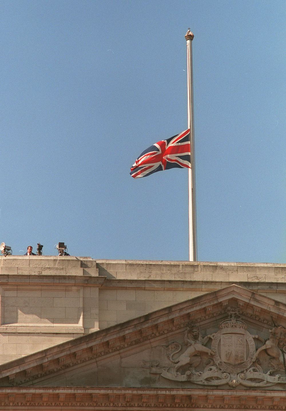 The Union Jack flies at half mast over Buckingham Palace the day of Princess Diana's funeral