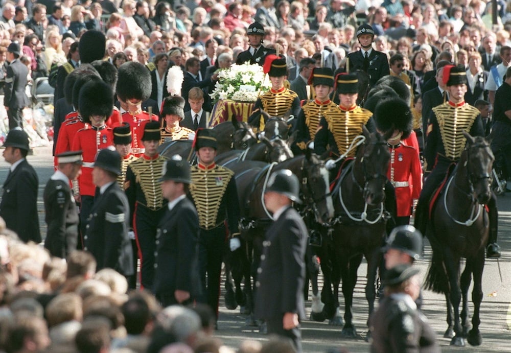 The coffin of Diana, Princess of Wales, arrives at Westminster Abbey