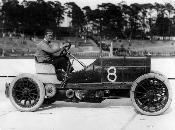 1907 Racing driverJ E Hutton at Brooklands racetrack in the Mercedes car with which he won the Montagu Cup